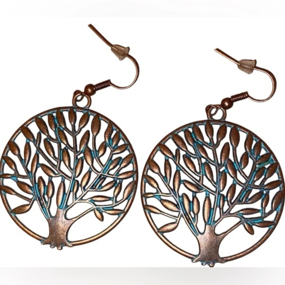 FOLK ART INSPIRED EARRINGS Tree of Life Copper Turquoise Colored Round Design
